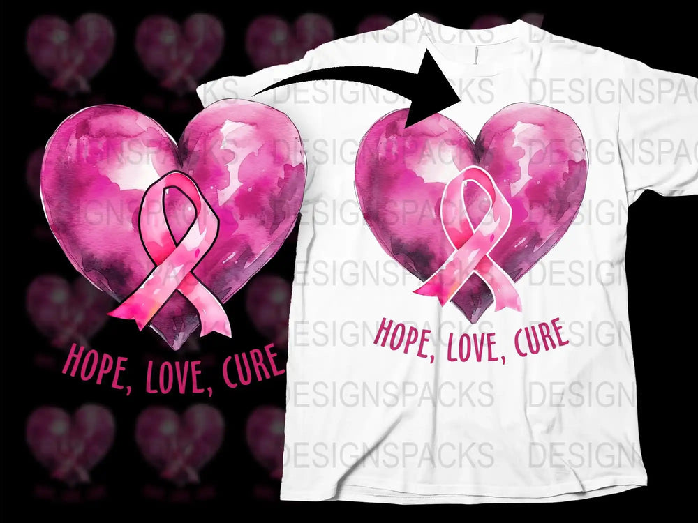 Breast Cancer Awareness T-Shirt, Pink Ribbon Hearts, Hope Love Cure Graphic Tee, Supportive Gift