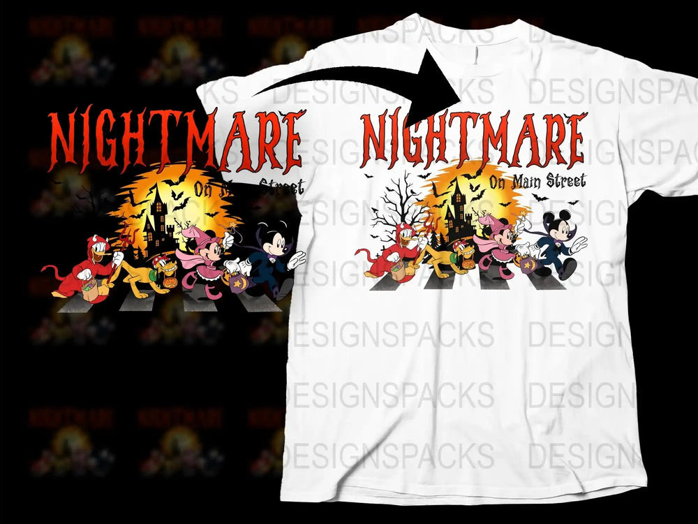 Nightmare On Main Street T-Shirt, Halloween Disney Characters Tee, Cartoon Spooky Scene Shirt