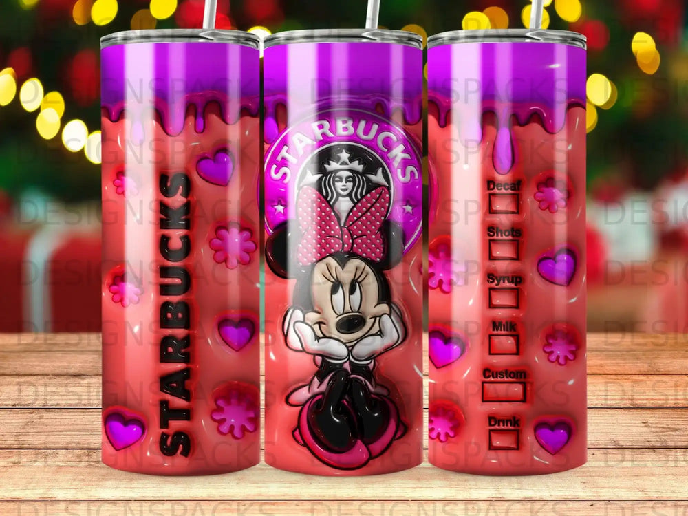 Minnie Mouse in a pink bow on a Starbucks-themed tumbler with drink labels.