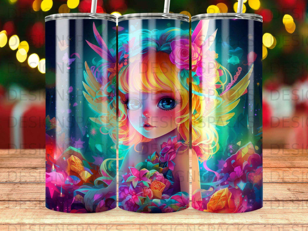 Fairy girl with colorful wings and floral accents on a tumbler.