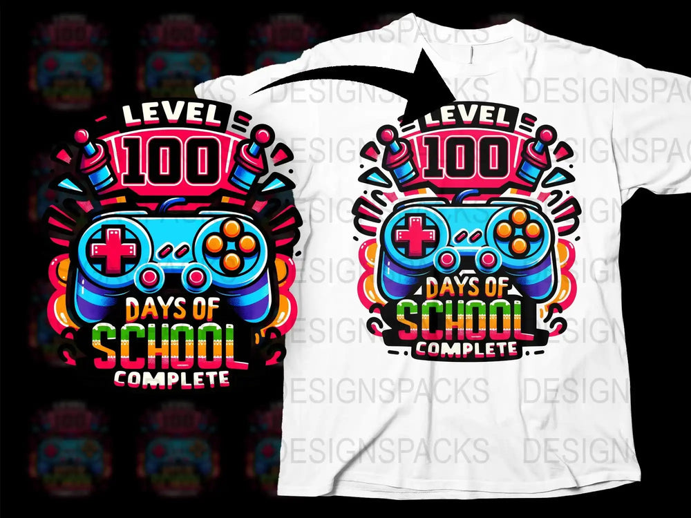 Level 100 Days of School Complete T-Shirt, Colorful Gamer Design, Kids' School Celebration Tee
