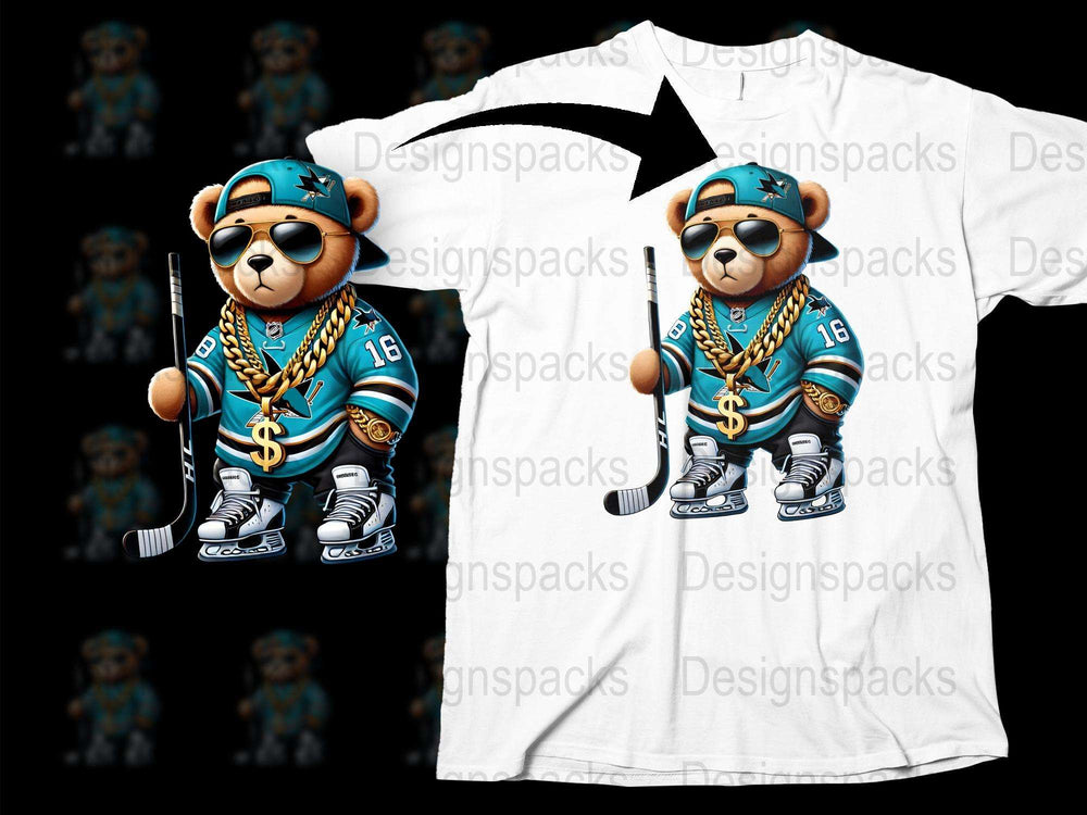 Cool Bear Hockey Player T-Shirt, Urban Hip-Hop Style, Trendy Animal Graphic Tee, Unisex Fashion Tops