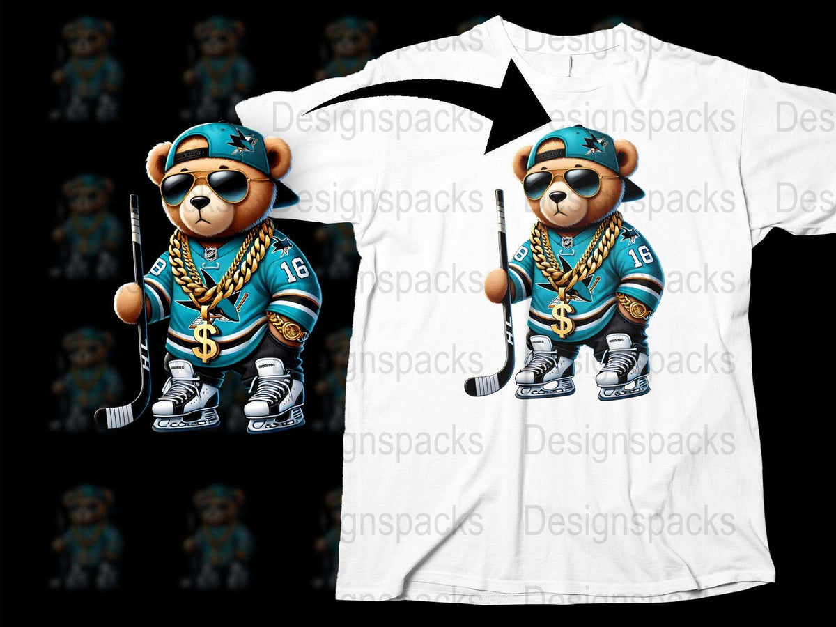 Cool Bear Hockey Player T-Shirt, Urban Hip-Hop Style, Trendy Animal Graphic Tee, Unisex Fashion Tops