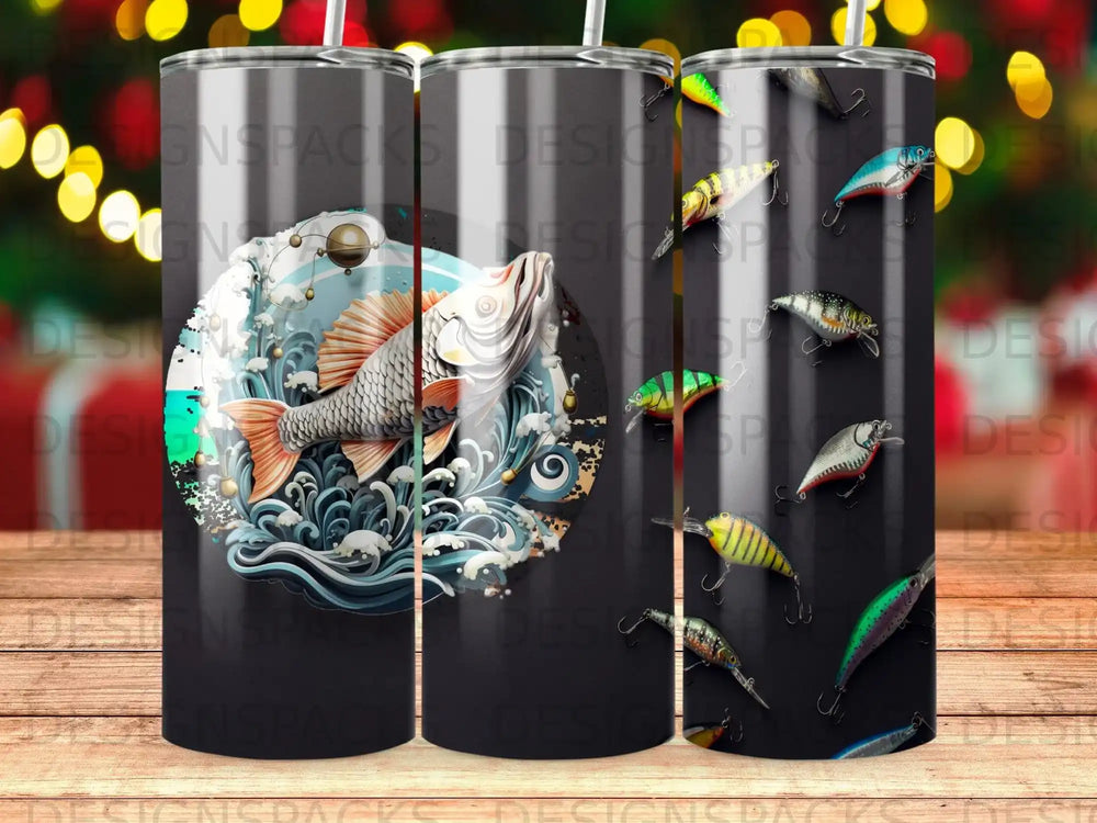 Fish and fishing lures design on a black tumbler.