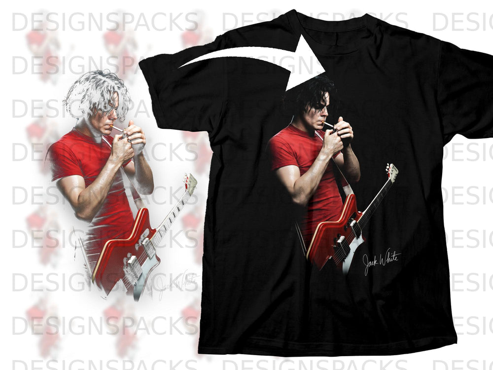 Black t-shirt with Jack White smoking a cigarette and holding a red guitar.