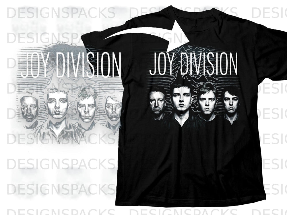 Black t-shirt with "Joy Division" text and band member portraits.