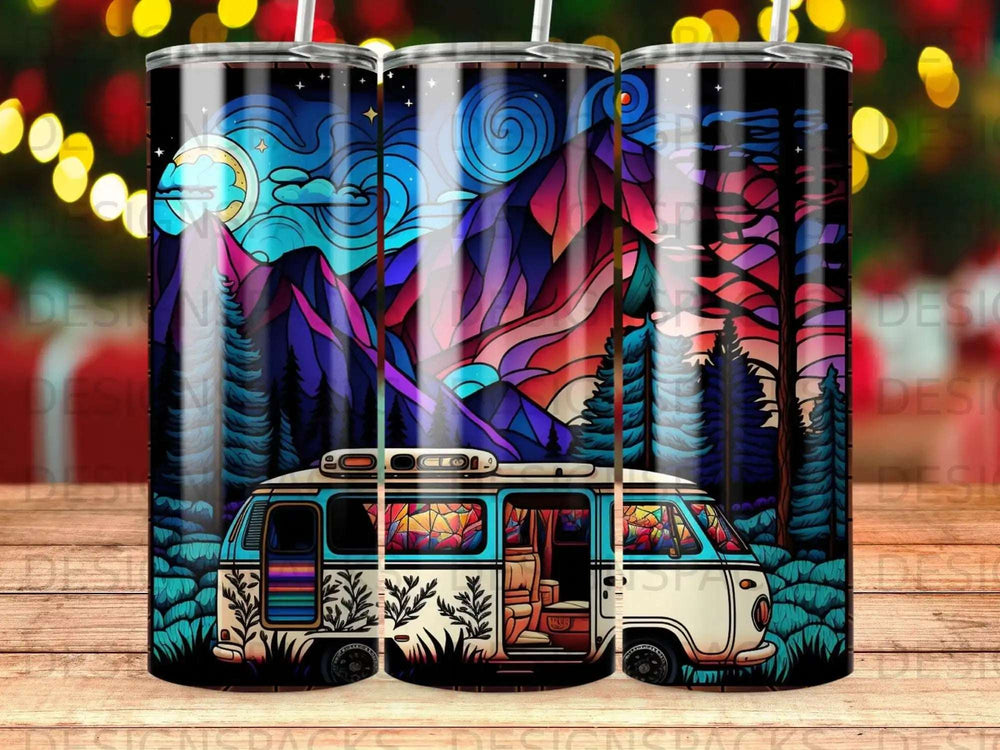Vanlife sunset mountains, trees, and starry night sky with colorful geometric patterns.