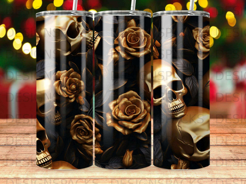 Golden roses and skulls on a dark, glossy background.
