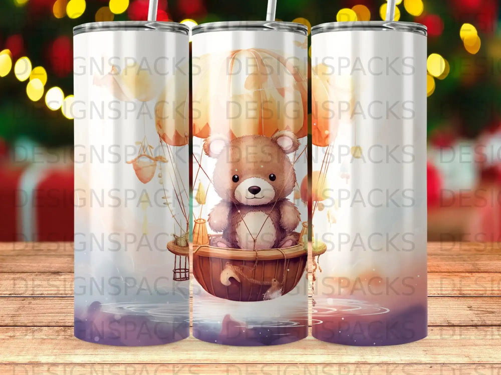 Teddy bear in a basket floating on water with colorful lights.