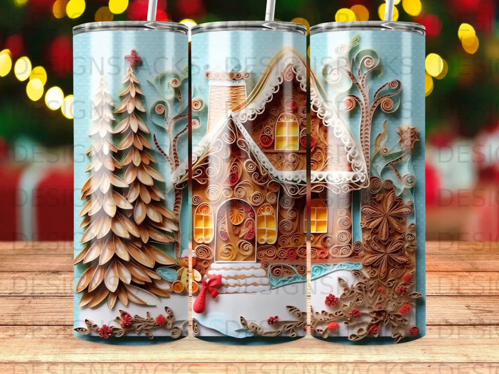 Gingerbread house and tree with intricate paper cutouts and bokeh lights.