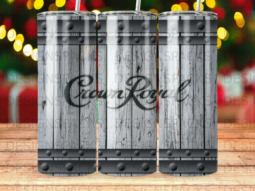 Crown Royal barrel tumbler with wood grain and metal bands.