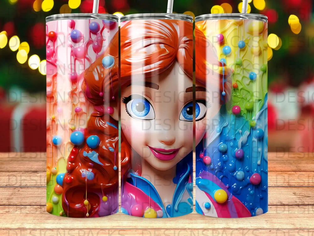 Cartoon girl with blue eyes, surrounded by colorful candies and dripping icing.