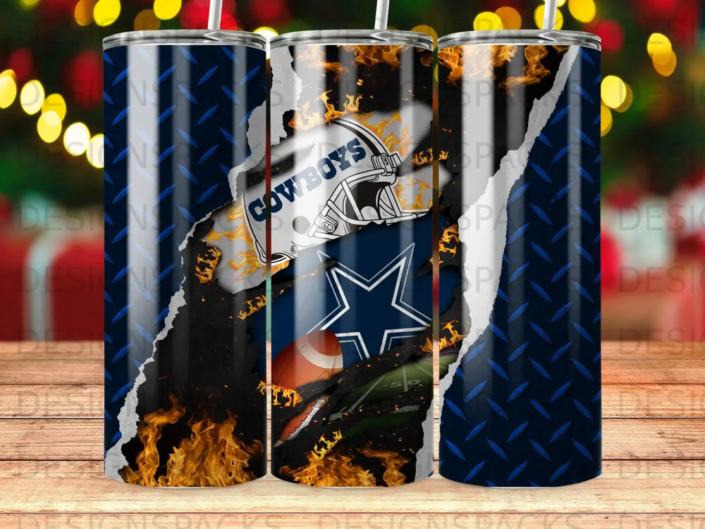 Dallas Cowboys helmet, football, and flames on a ripped blue diamond plate background.