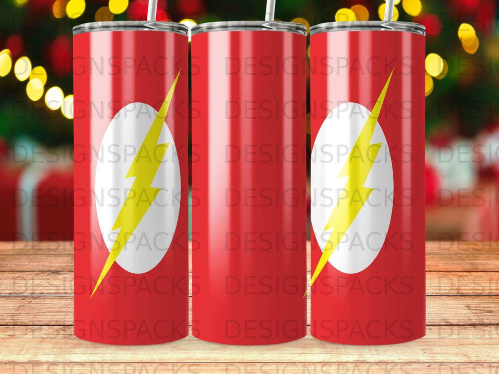 Red tumbler with repeating yellow lightning bolt logo, "DESIGNSPACKS" text.