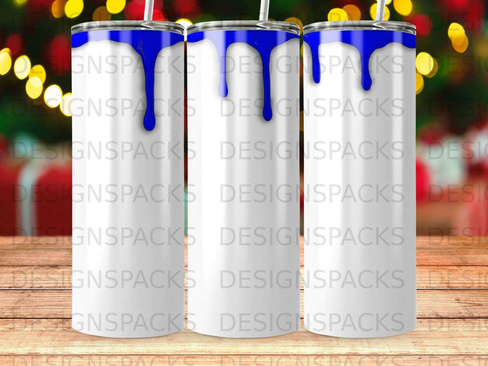 Blue tie-dye tumbler with white and red background blur.