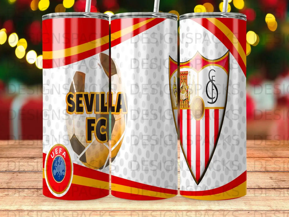 Sevilla FC UEFA cup tumbler with red, yellow, and white design.