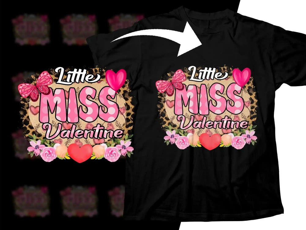Little Miss Valentine t-shirt design with pink hearts, butterflies, and floral accents on black fabric