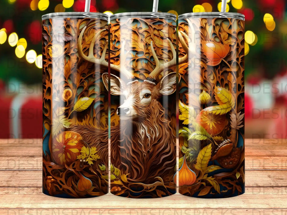 Deer with autumn leaves and fruits wraps around a tumbler.