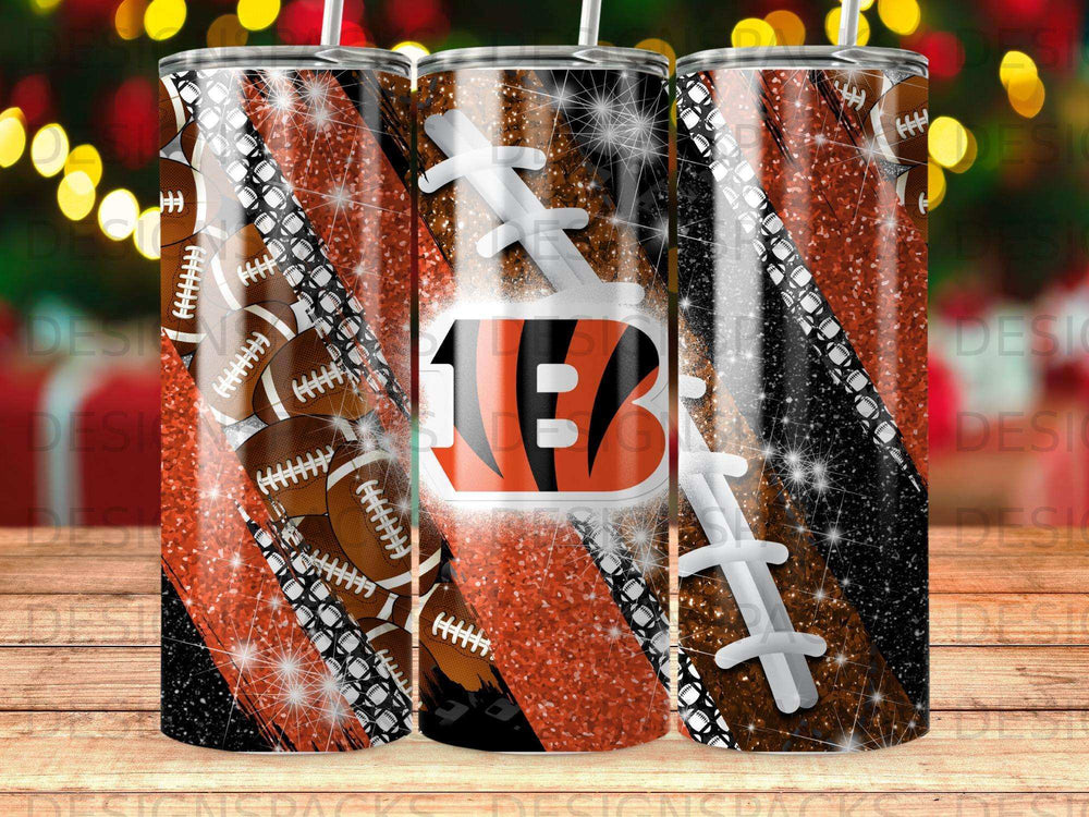 Three tumblers with football patterns and glitter designs, featuring the Bengals logo.