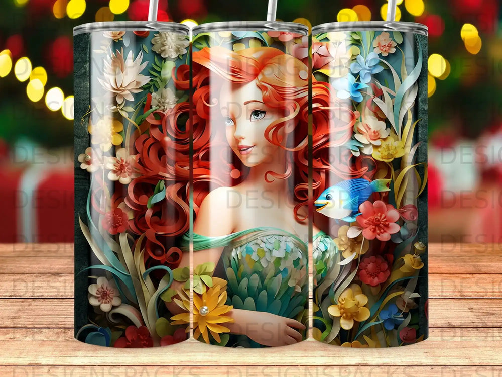 Woman with red hair and green dress surrounded by flowers and a blue fish.