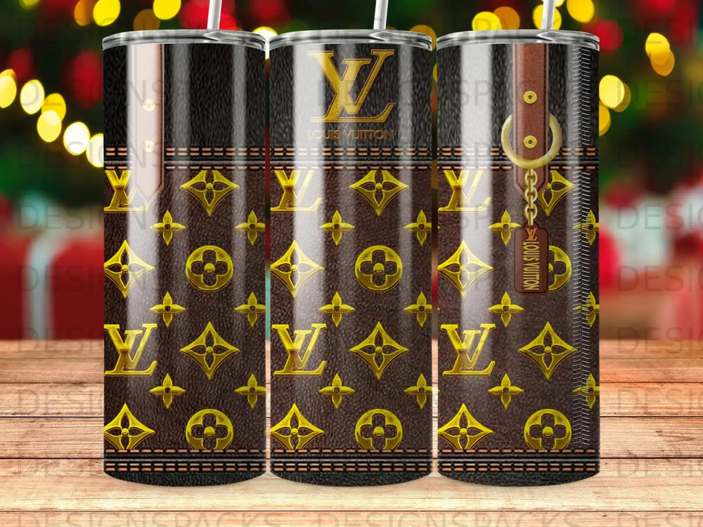 Louis Vuitton monogram pattern on a brown leather textured background.