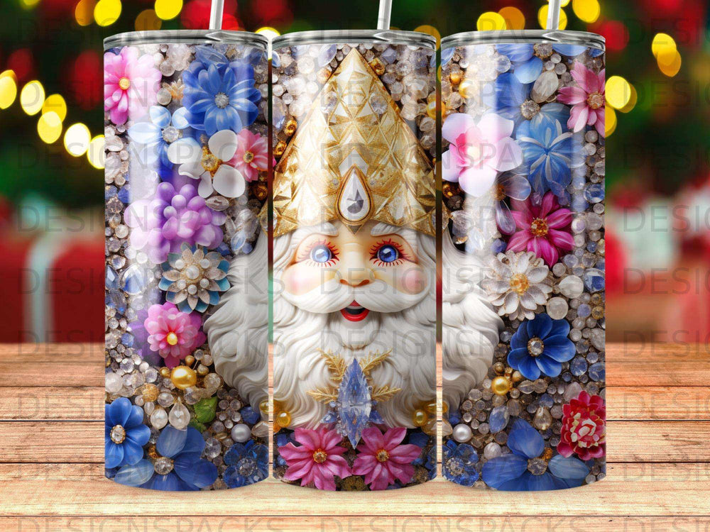 Santa Claus with beard, crown, and floral embellishments on a patterned tumbler.