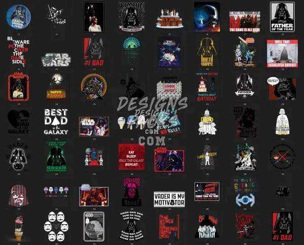 Star Wars-themed DTF/DTG designs bundle with Darth Vader, Yoda, and galaxy motifs for t-shirts