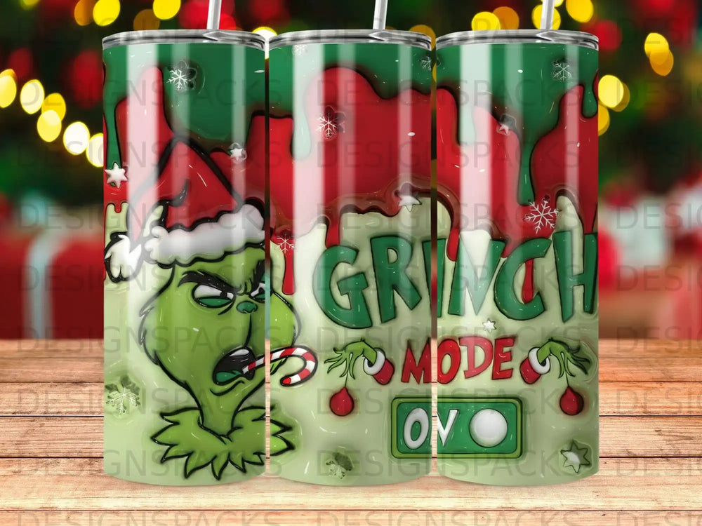 The Grinch "Grinch Mode" text on a green, drippy design with Christmas lights.