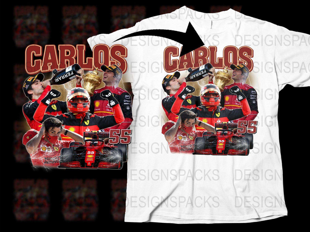 Carlos Racing Team T-Shirt, Vibrant Race Car Graphics, Fan Apparel, Motorsport Red and White Tee