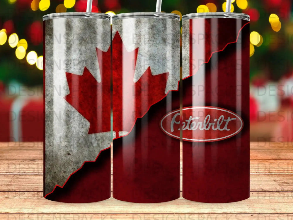 Red and white Canadian flag with a Peterbilt logo on a tumbler.
