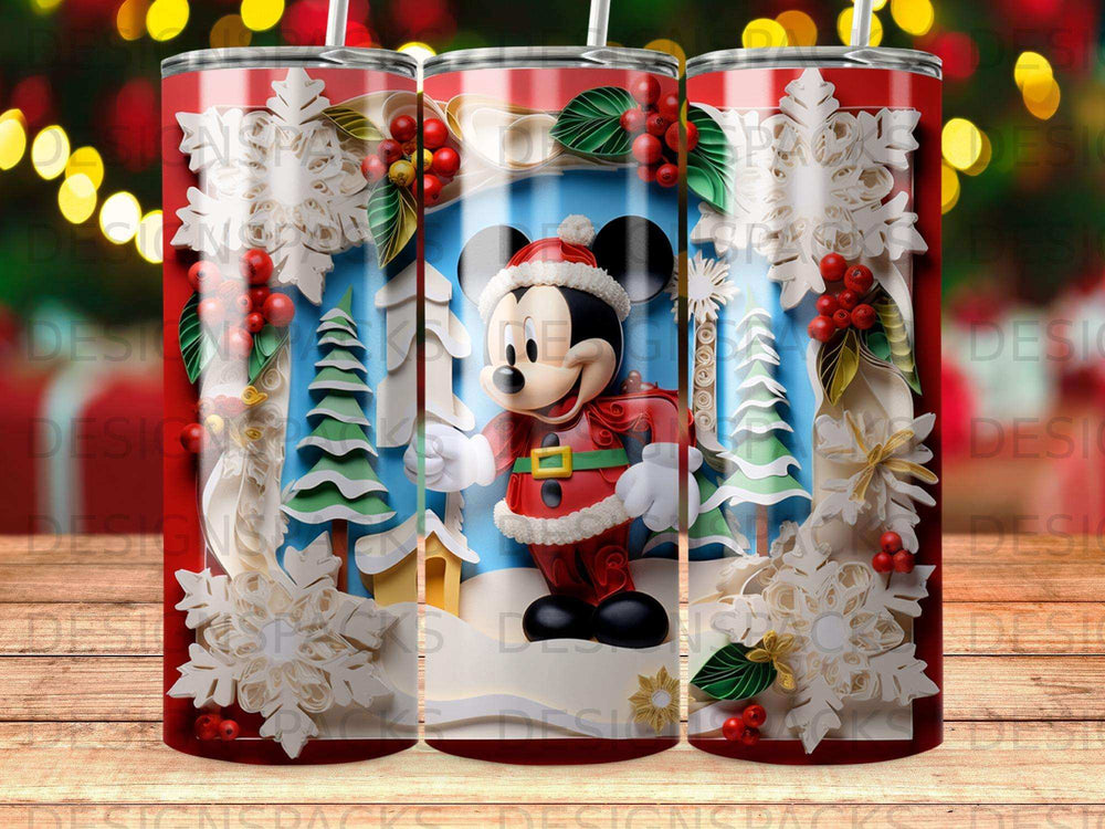 Mickey Mouse in Santa costume with festive winter scene on a tumbler.