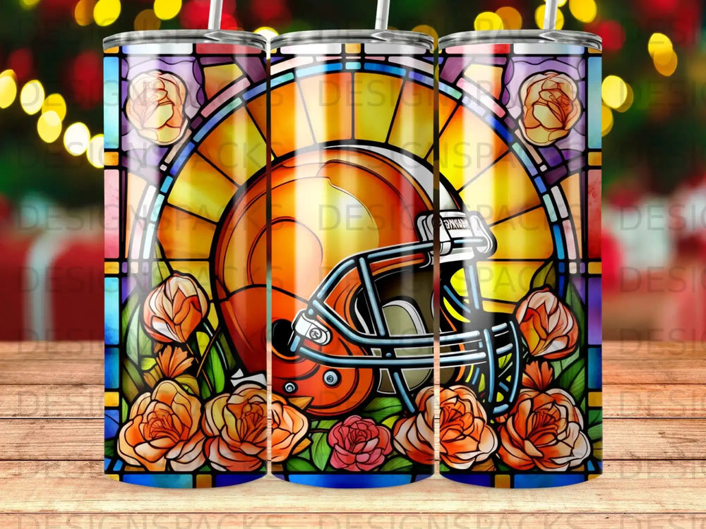 Cleveland Browns helmet with roses in stained glass design.