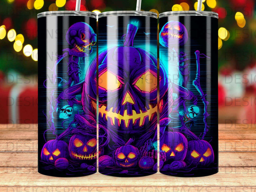Spooky Halloween pumpkins and skeletons with glowing eyes on a dark background.