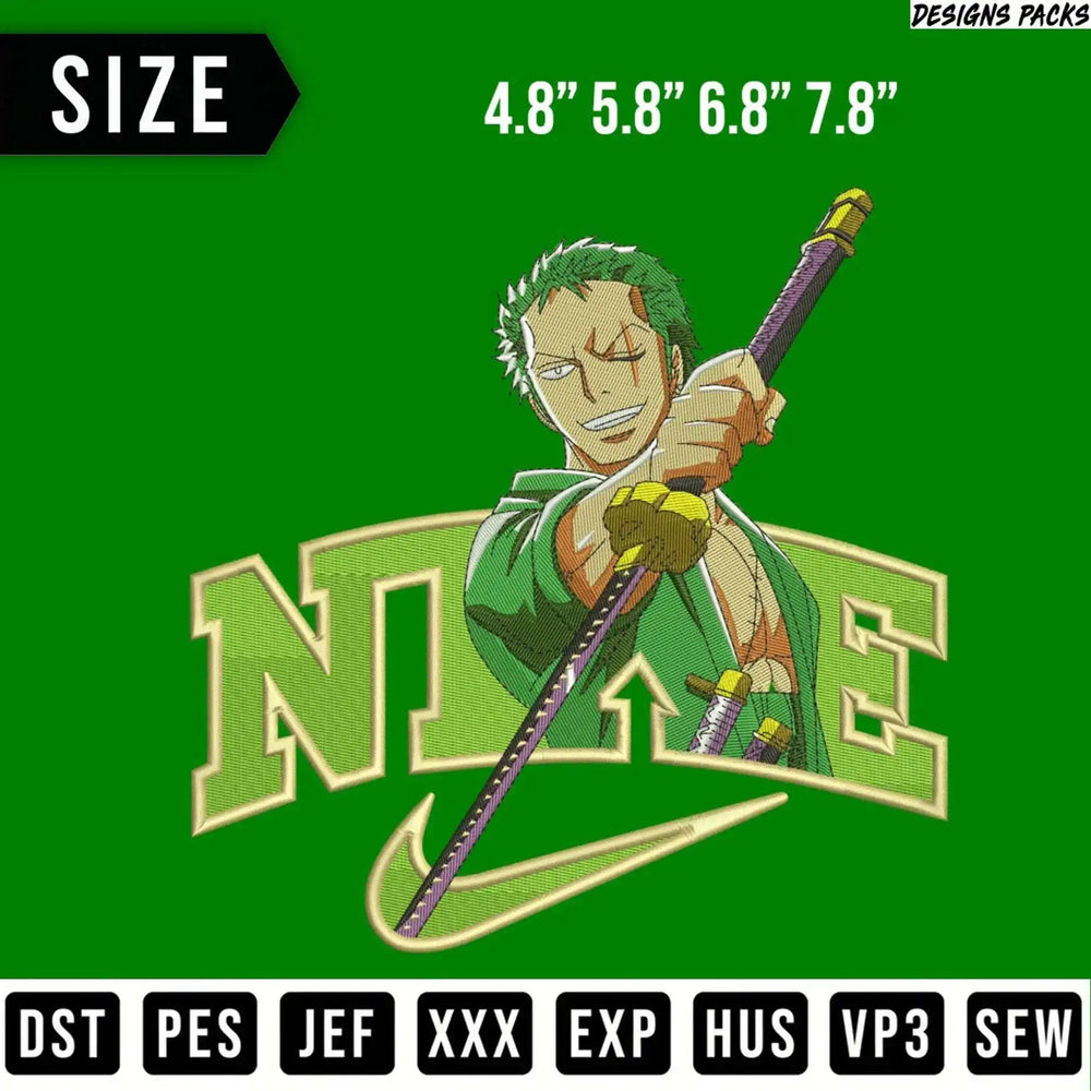 Roronoa Zoro from One Piece wearing a Nike-style shirt, with sizes and file formats listed.