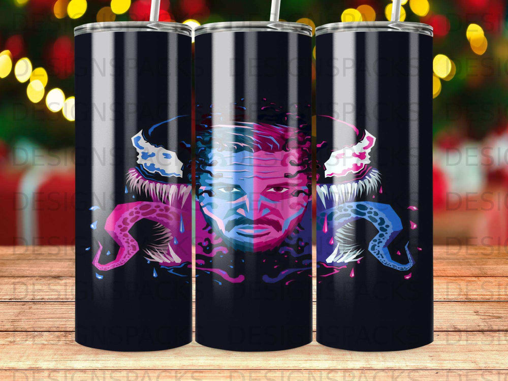 Dark tumbler with a stylized, colorful portrait of a menacing face and tentacles.