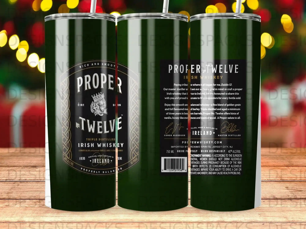 Proper No. Twelve Triple Distilled Irish Whiskey bottle with text and branding.