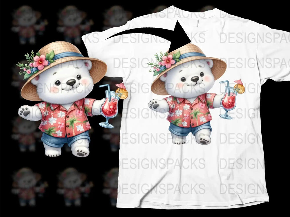 Summer Bear T-Shirt, Cute Bear Graphic Tee, Floral Hat, Tropical Drink Design, Unisex Kids and Adult Sizes