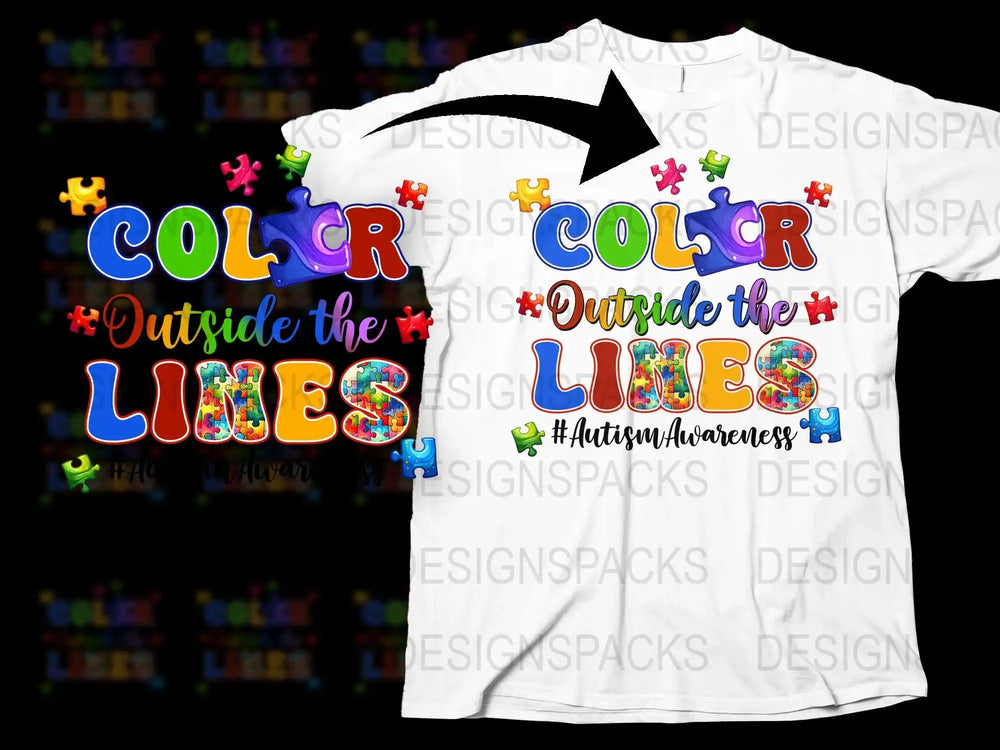 Color Outside the Lines T-Shirt, Autism Awareness, Multi-Colored Text, Unisex Graphic Tee