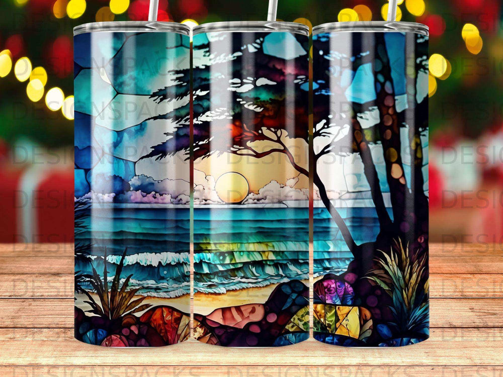 Stained glass beach sunset scene with ocean waves and stylized trees.