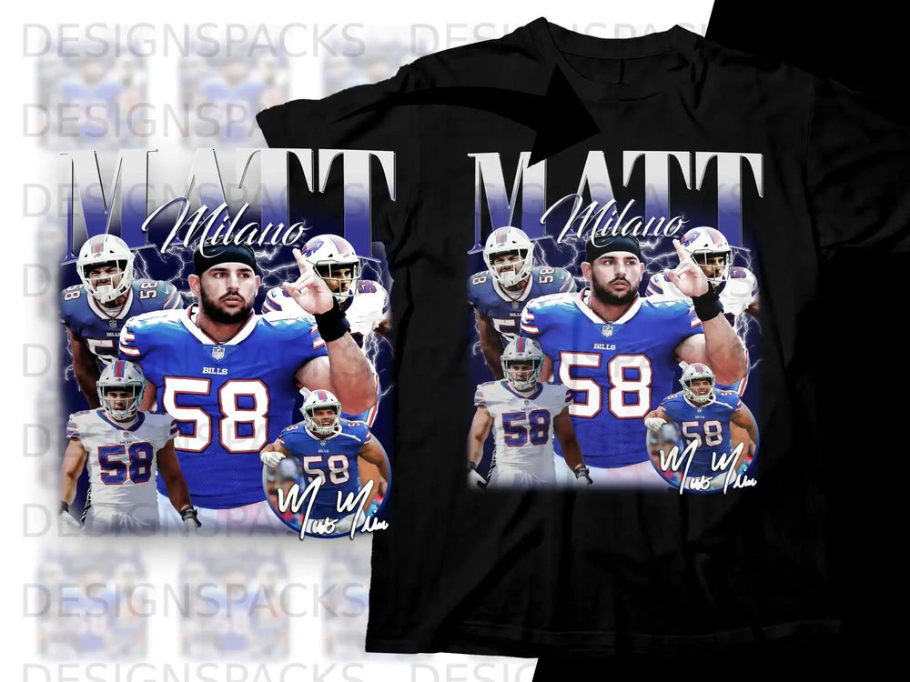 Buffalo Bills player Josh Allen in uniform with "Milano" text.