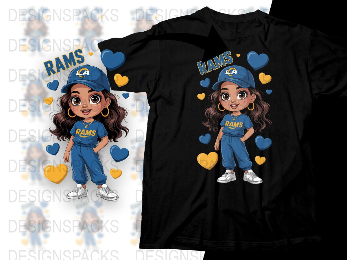 Los Angeles Rams Fan T-Shirt, Cute Cartoon Character, Football Team Apparel, Heart Design, Youth and Adult Sizes