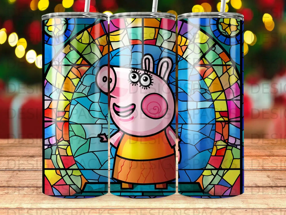 Peppa Pig character in a stained glass window design.