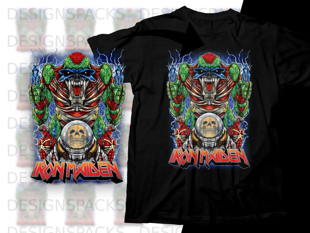 Iron Maiden graphic t-shirt with skeletal figure and futuristic helmet.