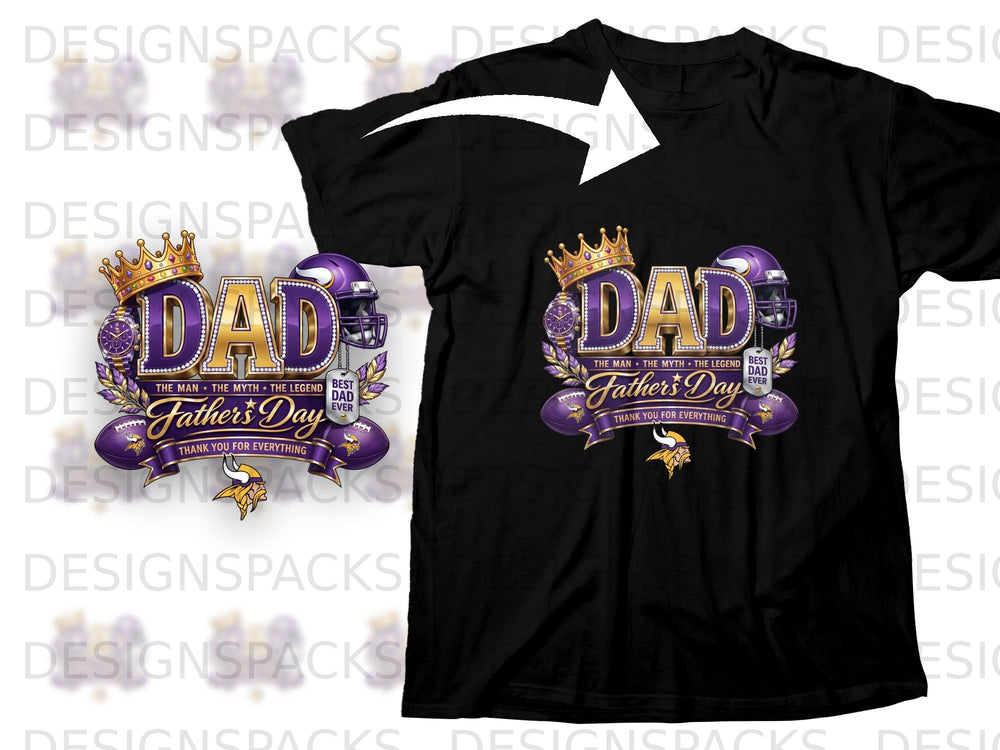 Black t-shirt with "Dad Father's Day" graphic featuring footballs and Vikings helmet.