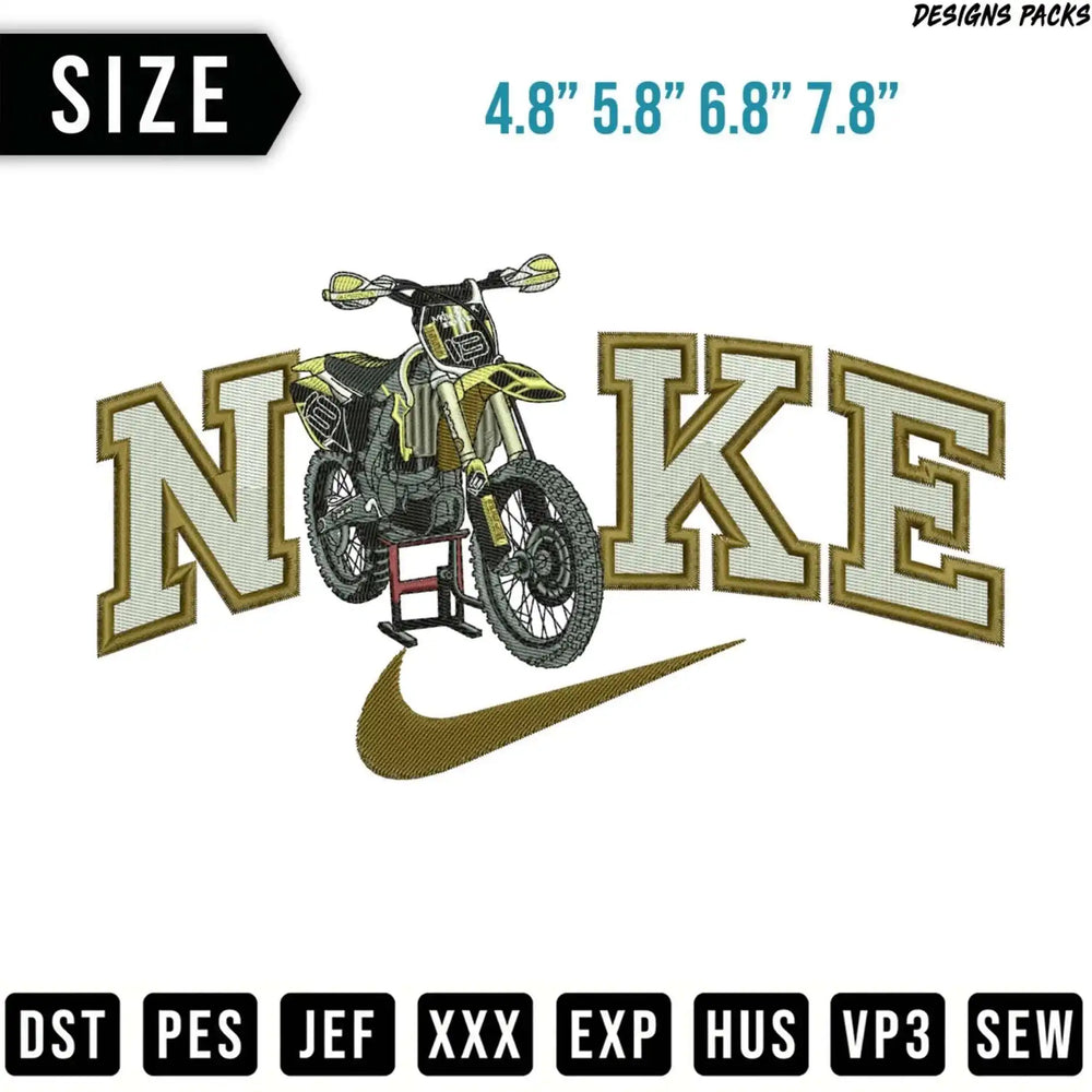 Nike logo with dirt bike in stylized text, available in multiple sizes.