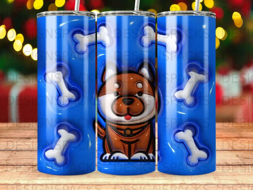 A brown dog wearing a collar, surrounded by blue bones on a tumbler.