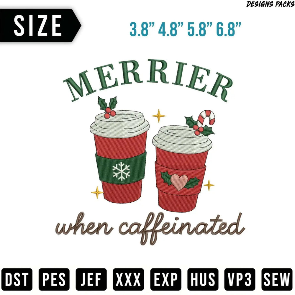 Two embroidered coffee cups with "MERRIER when caffeinated" text.