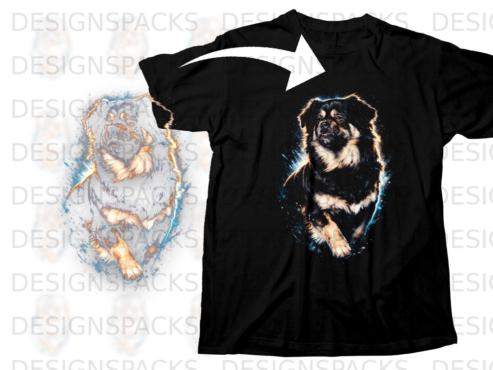 Black t-shirt with a dynamic watercolor-style dog portrait.