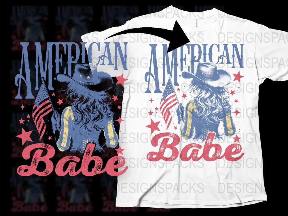 American Babe T-Shirt, Patriotic Cowgirl Hat and Flag Design, Women's USA Themed Tee, 4th of July Apparel