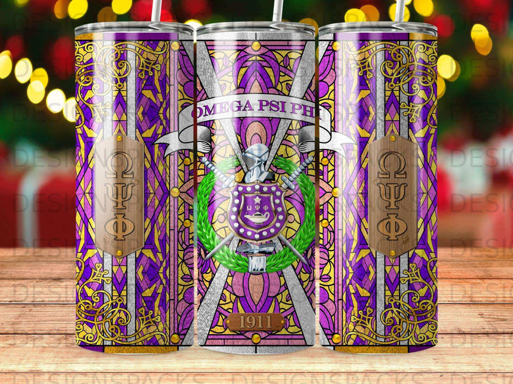 Purple and gold stained glass tumbler with Omega Psi Phi fraternity crest and "1911".